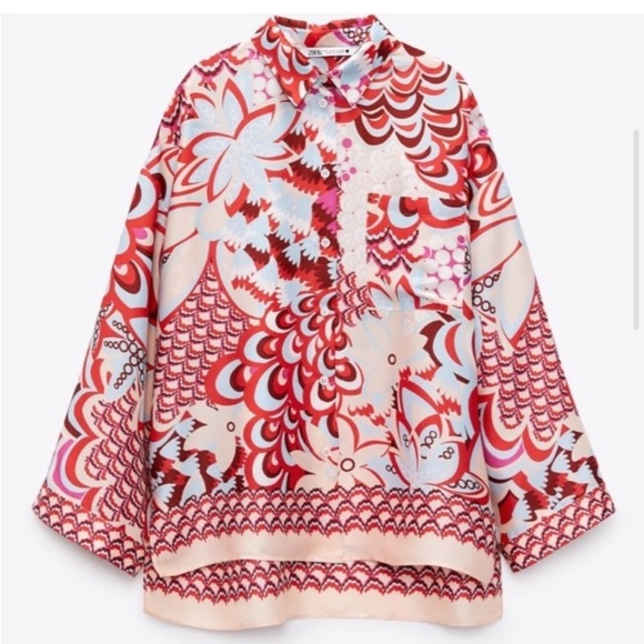 ZARA Satin Faux Silk Twill Red Pink Blue Paisley Scarf Print Button Up Shirt - Picture 8 of 10